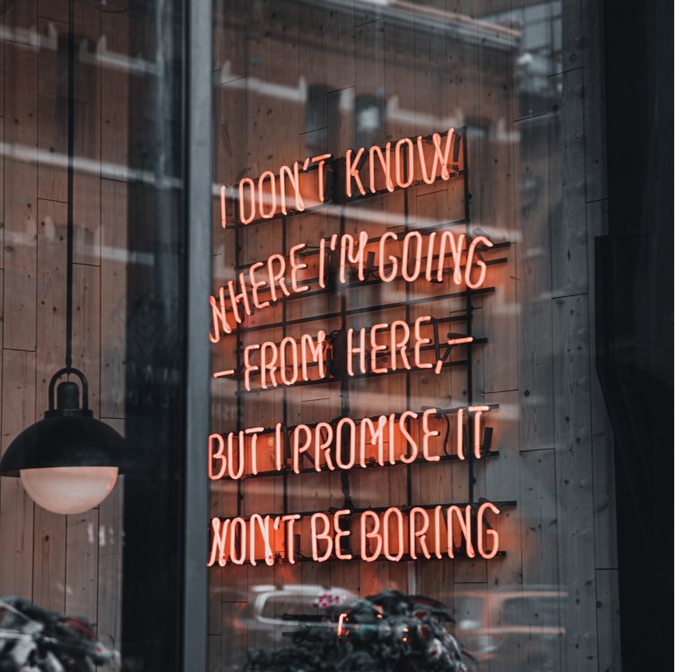 Looking in at a wooden wall from outside the window, the text 'I DON'T KNOW WHERE I'M GOING FROM HERE BUT I PROMISE IT WON'T BE BORING' is spelled out with neon light.